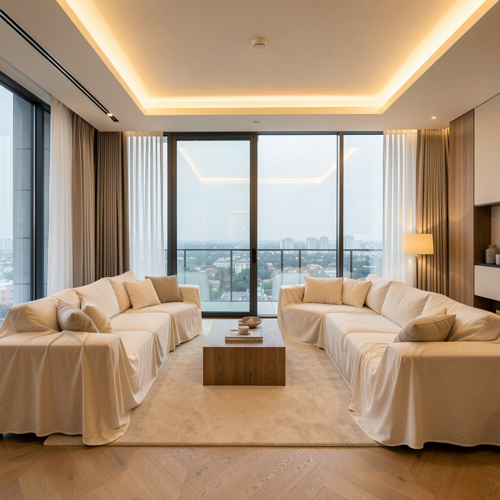 كنب وستائر freepik wideangle modern living room with cream sofas and 2492